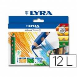 Lapices de colores acuarelable-cera Lyra groove triangulares mina gruesa 10 mm caja 12 colores