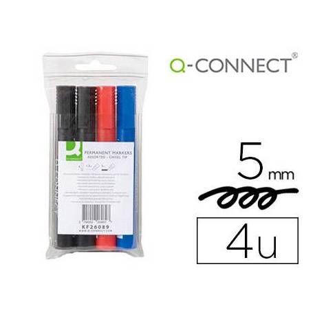 Rotulador Q-Connect permanente estuche de 4 colores surtidos punta biselada trazo 5.0 mm