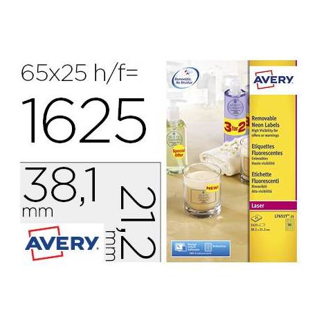 Etiqueta adhesiva Avery 38,1x21,2 mm Amarillo fluorescente Removible caja 1625 unidades