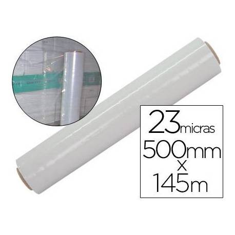 Film extensible Q-connect manual ancho 500 mm largo 145 mt espesor 23 micras transparente
