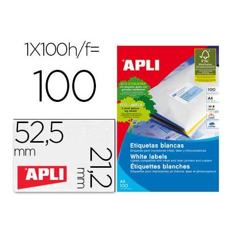 Etiqueta adhesiva Apli 52,5 x 21,2 mm para fotocopiadora laser ink-jet caja 100 hojas din a4