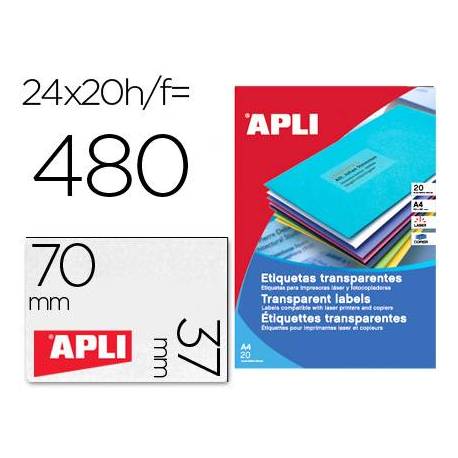 Etiqueta adhesiva marca Apli 1224 transparentes 70x37 mm caja 20 hojas con 480