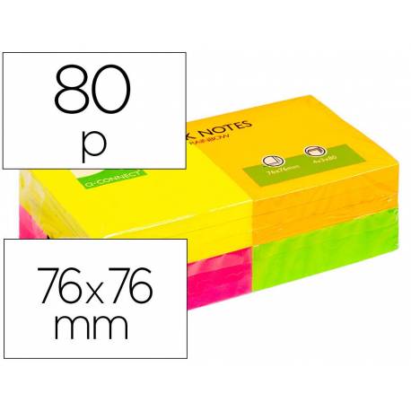 Bloc de notas adhesivas quita y pon q-connect 76x76 mm con 80 hojas fluorescentes pack de 12 en 4 colores
