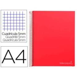 Cuaderno espiral Liderpapel Jolly Tamaño DIN A4 Tapa forrada 140H Cuadricula 5 mm 75 g/m2 5 bandas 4 taladros color Rojo