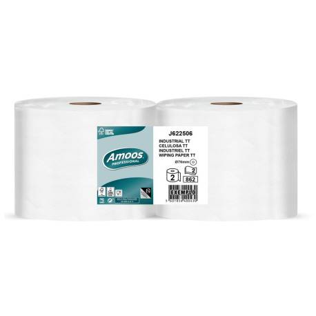 PAPEL SECAMANOS AMOOS INDUSTRIAL 2 CAPAS 32G/M2 PAQUETE DE 2 ROLLOS