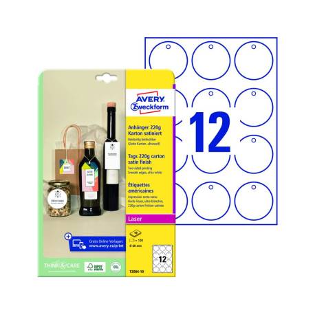 ETIQUETA COLGANTE AVERY BLANCA 60 MM DIAMETRO IMPRIMIBLE DOBLE CARA CARTON 220 GR PACK DE 120 UNIDADES