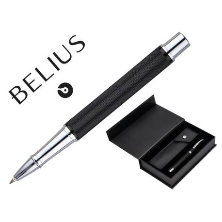 ROLLER Y ESTUCHE BELIUS TURBO ALUMINIO TEXTURA PUNTEADA NEGRO PLATEADO TINTA AZUL CAJA DE DISEÑO