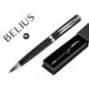 BOLIGRAFO BELIUS TURBO ALUMINIO TEXTURA PUNTEADA COLOR NEGRO Y PLATEADO TINTA AZUL CAJA DE DISEÑO