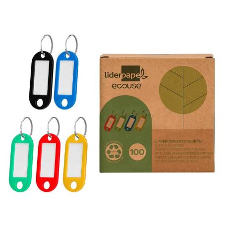 LLAVERO PORTAETIQUETAS LIDERPAPEL ECOUSE FABRICADO EN PLASTICO RECICLADO EXPOSITOR DE 100 UNIDADES