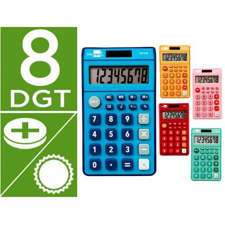 CALCULADORA LIDERPAPEL BOLSILLO XF14 8 DIGITOS SOLAR Y PILAS 115X65X8 MM EXPOSITOR DE 16 UNIDADES COLORES