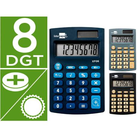 CALCULADORA LIDERPAPEL EXPOSITOR 16 UNIDADES COLORES BOLSILLO XF08 8 DIGITOS SOLAR Y PILAS 98X62X8 MM