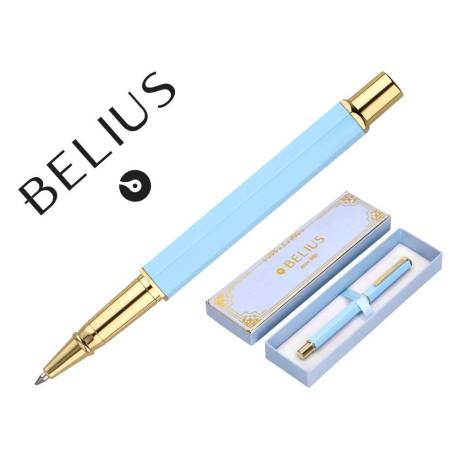 BOLIGRAFO BELIUS MACARON BLISS FORMA HEXAGONAL COLOR CELESTE Y DORADO TINTA AZUL CAJA DE DISEÑO