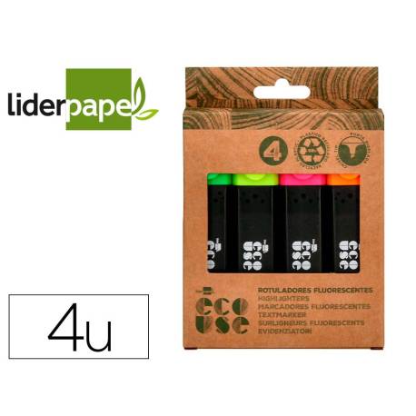 ROTULADOR LIDERPAPEL ECOUSE FLUORESCENTE FABRICADO CON 68% PLASTICO RECICLADO CAJA DE 4 UNIDADES COLORES SURTIDOS