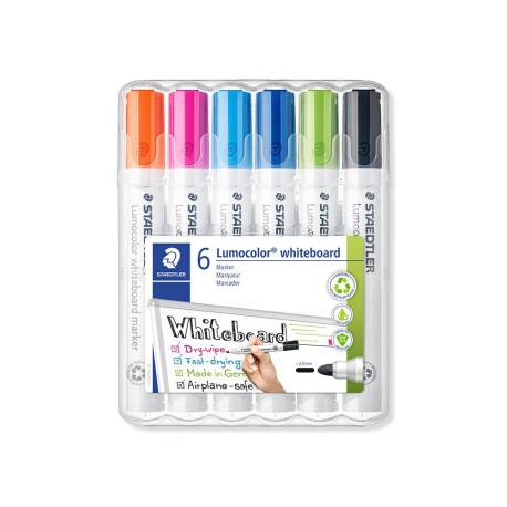 ROTULADOR STAEDTLER LUMOCOLOR 351 PARA PIZARRA BLANCA PUNTA REDONDA 2 MM RECARGABLE ESTUCHE 6 UNIDADES COLORES
