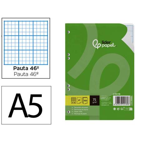 RECAMBIO LIDERPAPEL DIN A5 100 HOJAS 75 GR RAYADO N 46 6 TALADROS