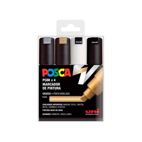 ROTULADOR UNI POSCA PC-8K/4C MARCADOR DE PINTURA PUNTA BISELADA 8 MM BLISTER DE 4 UNIDADES COLORES SURTIDOS