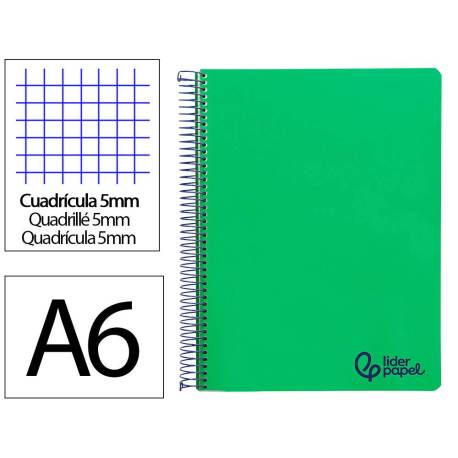 CUADERNO ESPIRAL LIDERPAPEL A6 MICRO WONDER TAPA PLASTICO 120H 90GR CUADRO 5MM 4 BANDAS COLOR VERDE OSCURO
