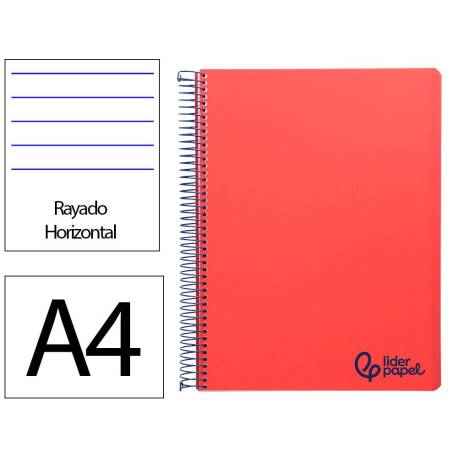 CUADERNO ESPIRAL LIDERPAPEL A4 WONDER TAPA PLASTICO 80H 90GR RAYADO HORIZONTAL CON MARGEN COLOR ROJO