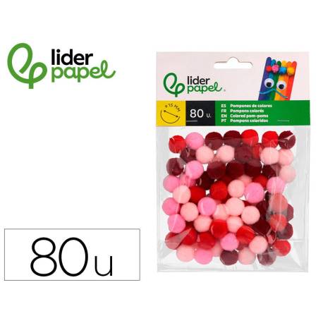 POMPONES DE COLORES LIDERPAPEL 1,5 CM TONALIDADES ROJAS BOLSA CON 80 UNIDADES