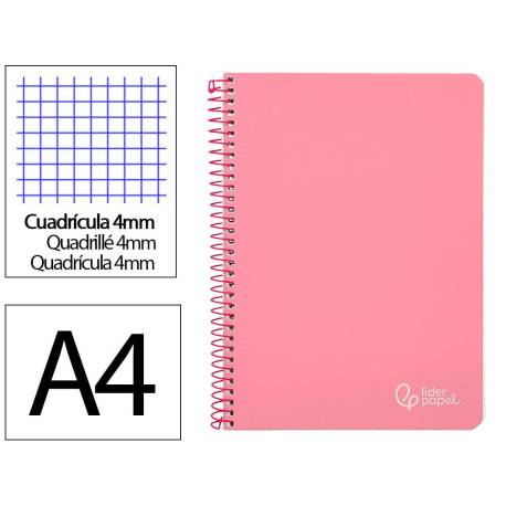 CUADERNO ESPIRAL LIDERPAPEL DIN A4 WITTY TAPA DURA 80H 90GR CUADRO 4MM CON MARGEN COLOR ROSA