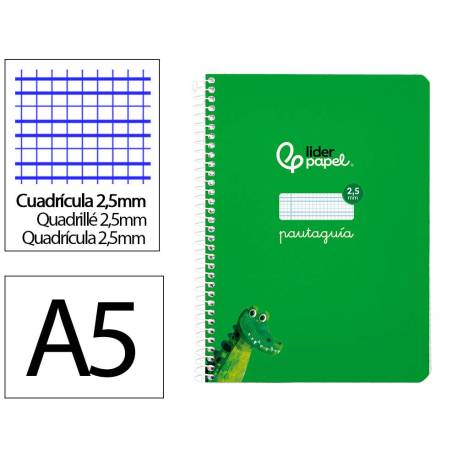 CUADERNO ESPIRAL LIDERPAPEL DI N A5 PAUTAGUIA TAPA BLANDA 40H 75 GR CUADRO PAUTADO 2,5MM COLOR VERDE