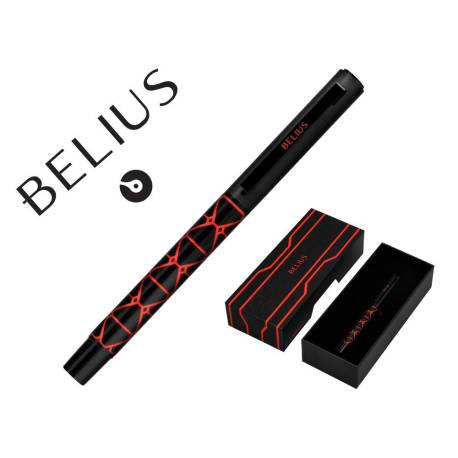 BOLIGRAFO BELIUS LEGACY ALUMINIO DISEÑO TRIANGULO ROJO CUERPO NEGRO TINTA COLOR AZUL CAJA DE DISEÑO
