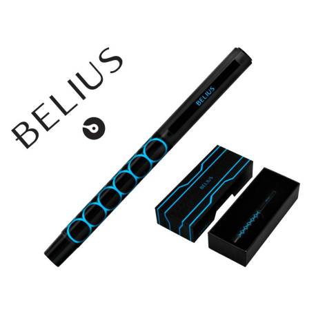 BOLIGRAFO BELIUS LEGACY ALUMINIO DISEÑO CIRCULOS AZUL CUERPO NEGRO TINTA COLOR AZUL CAJA DE DISEÑO