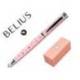 PLUMA BELIUS BELLA ALUMINIO COLOR ROSA DISEÑO PLATEADO RELIEVE TINTA AZUL CAJA DE DISEÑO