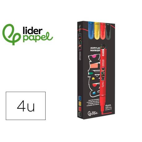 ROTULADOR LIDERPAPEL ACRYLIC BASE AGUA TODO TIPO DE SUPERFICIE PUNTA REDONDA 3 MM CAJA DE 4 UNIDADES COLORES