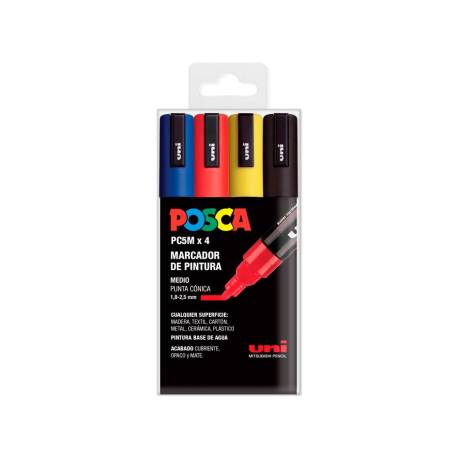 ROTULADOR UNI POSCA PC-5M/4C MARCADOR DE PINTURA PUNTA CONICA 1,8-2,5 MM ESTUCHE DE 4 UNIDADES COLORES BASICOS