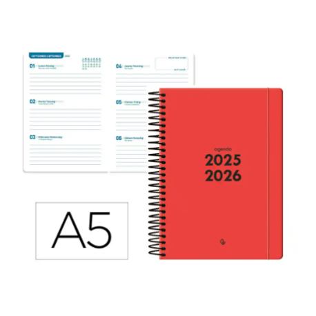 AGENDA ESCOLAR LIDERPAPEL 25-26 ESPIRAL BASIC ROJO SEMANA VISTA A5 BILINGÜE PAPEL FSC 70 GR