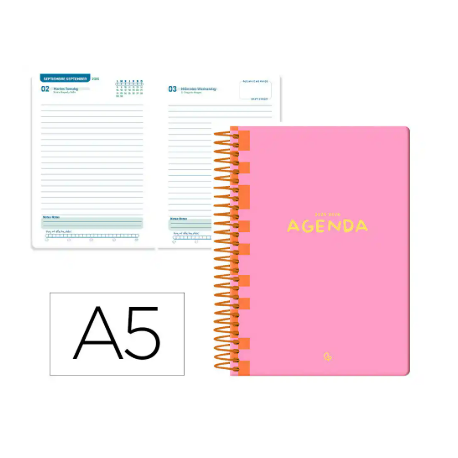 AGENDA ESCOLAR LIDERPAPEL 25-26 ESPIRAL CLASSIC ROSA DIAPAGINA A5 BILINGÜE PAPEL FSC 70 GR