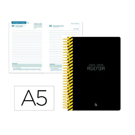 AGENDA ESCOLAR LIDERPAPEL 25-26 ESPIRAL CLASSIC NEGRO DIA PAGINA A5 BILINGÜE PAPEL FSC 70 GR