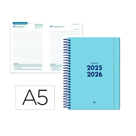 AGENDA ESCOLAR LIDERPAPEL 25-26 ESPIRAL BASIC AZUL DIA PAGINA A5 BILINGÜE PAPEL FSC 70 GR