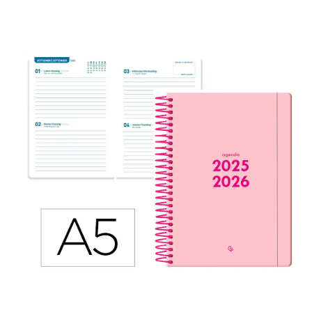 AGENDA ESCOLAR LIDERPAPEL 25-26 ESPIRAL BASIC ROSA 2 DIAS PAGINA A5 BILINGÜE PAPEL FSC 70 GR