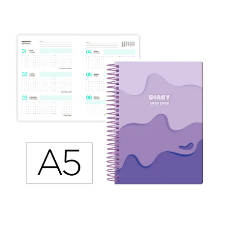 AGENDA ESCOLAR LIDERPAPEL 25-26 ESPIRAL MELTING MORADO SEMANA VISTA A5 BILINGÜE PAPEL FSC 80 GR