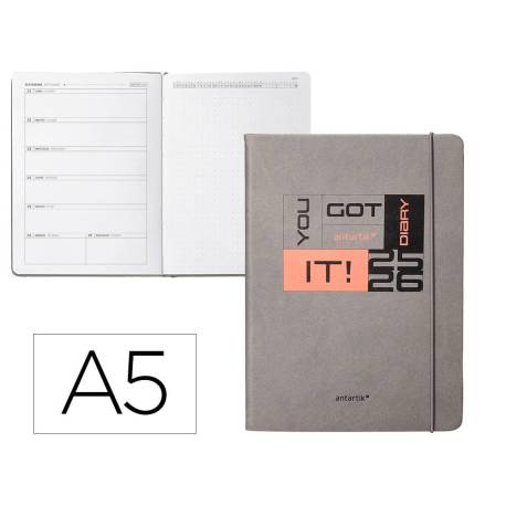 AGENDA ESCOLAR ANTARTIK 25-26 ENCUADERNADA GO! SIMIL PIEL GRIS SEMANA VISTA A5 BILINGÜE PAPEL FSC 80 GR