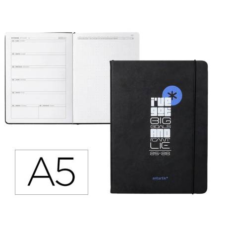 AGENDA ESCOLAR ANTARTIK 25-26 ENCUADERNADA GO! SIMIL PIEL NEGRO SEMANA VISTA A5 BILINGÜEPAPEL FSC 80 GR
