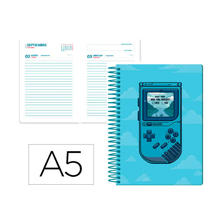 AGENDA ESCOLAR LIDERPAPEL 25-26 ESPIRAL GAME ON AZUL DIA PAGINA A5 BILINGÜE PAPEL FSC 80 GR