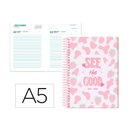 AGENDA ESCOLAR LIDERPAPEL 25-26 ESPIRAL PETITE FRESAS DIA PAGINA A5 BILINGÜE PAPEL FSC 80 GR