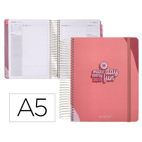 AGENDA ESCOLAR ANTARTIK 25-26 ESPIRAL FUN DAY ROSA DIA PAGINA A5 BILINGÜE PAPEL FSC 80 GR