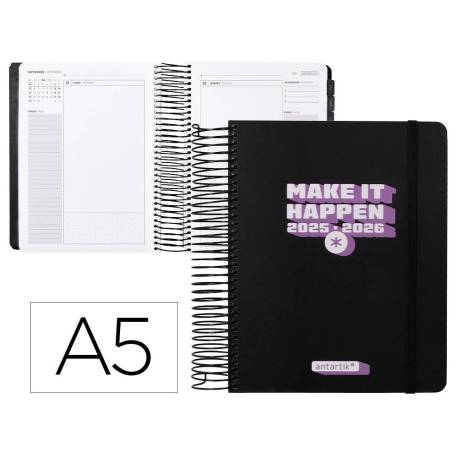 AGENDA ESCOLAR ANTARTIK 25-26 ESPIRAL NEON NEGRO DIA PAGINA A5 BILINGÜE PAPEL FSC 80 GR