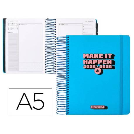 AGENDA ESCOLAR ANTARTIK 25-26 ESPIRAL NEON AZUL DIA PAGINA A5 BILINGÜE PAPEL FSC 80 GR