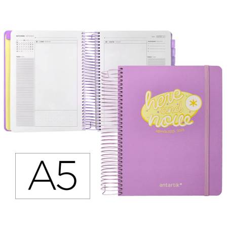 AGENDA ESCOLAR ANTARTIK 25-26 ESPIRAL HERE AND NOW MORADO DIA PAGINA A5 BILINGÜE PAPEL FSC 80 GR