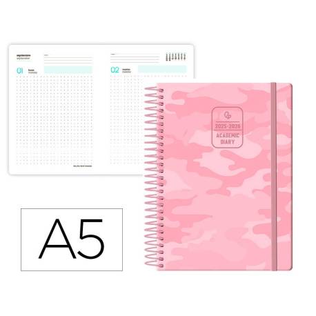 AGENDA ESCOLAR LIDERPAPEL 25-26 ESPIRAL PATTERNS MILITAR ROSA DIA PAGINA A5 BILINGÜE PAPEL FSC 80 GR