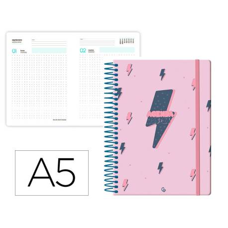 AGENDA ESCOLAR LIDERPAPEL 25-26 ESPIRAL PATTERNS RAYOS ROSA DIA PAGINA A5 BILINGÜE PAPEL FSC 80 GR