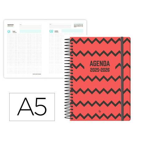 AGENDA ESCOLAR LIDERPAPEL 25-26 ESPIRAL PATTERNS ZIGZAG DIA PAGINA A5 BILINGÜE PAPEL FSC
