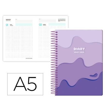 AGENDA ESCOLAR LIDERPAPEL 25-26 ESPIRAL MELTING MORADO DIA PAGINA A5 BILINGÜE PAPEL FSC 80 GR