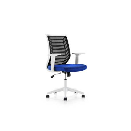 SILLA ROCADA DE OFICINA BRAZOS REGULABLES ESTRUCTURA BLANCA RESPALDO MALLA Y ASIENTO TELA IGNIFUGA NEGRO
