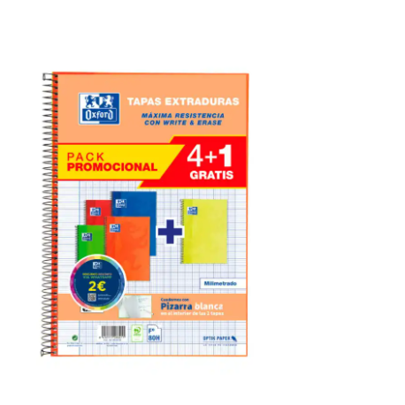 CUADERNO ESPIRAL OXFORD TAPA EXTRADURA FOLIO 80 HOJAS 90 GR RAYADO HORIZONTAL COLORES VIVOS PACK DE 4+1 UNIDADES
